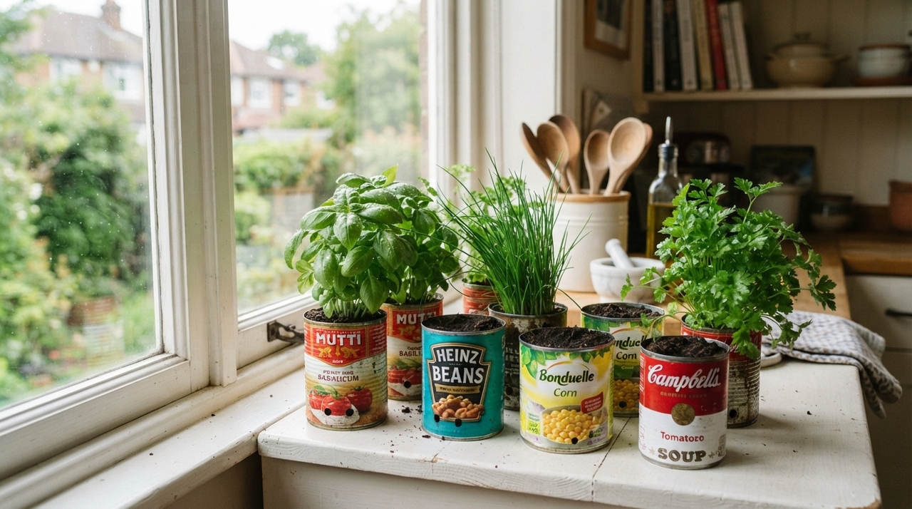 Latas metálicas de alimentos podem ser reutilizadas como recipientes para plantas desde que estejam bem lavadas e sem resíduos do produto original.