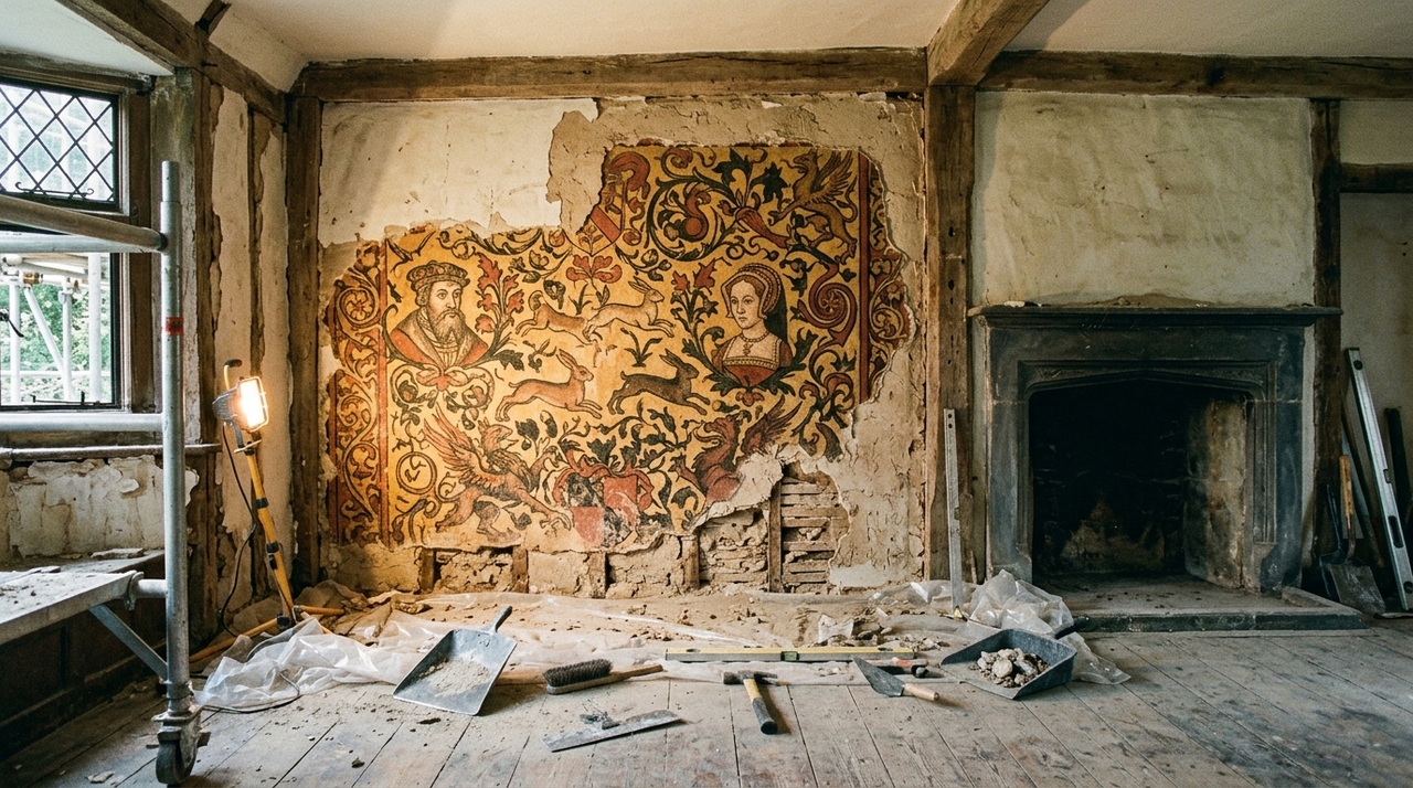 O casal removia gesso deteriorado num cômodo do andar superior quando percebeu traços que não pareciam manchas comuns.