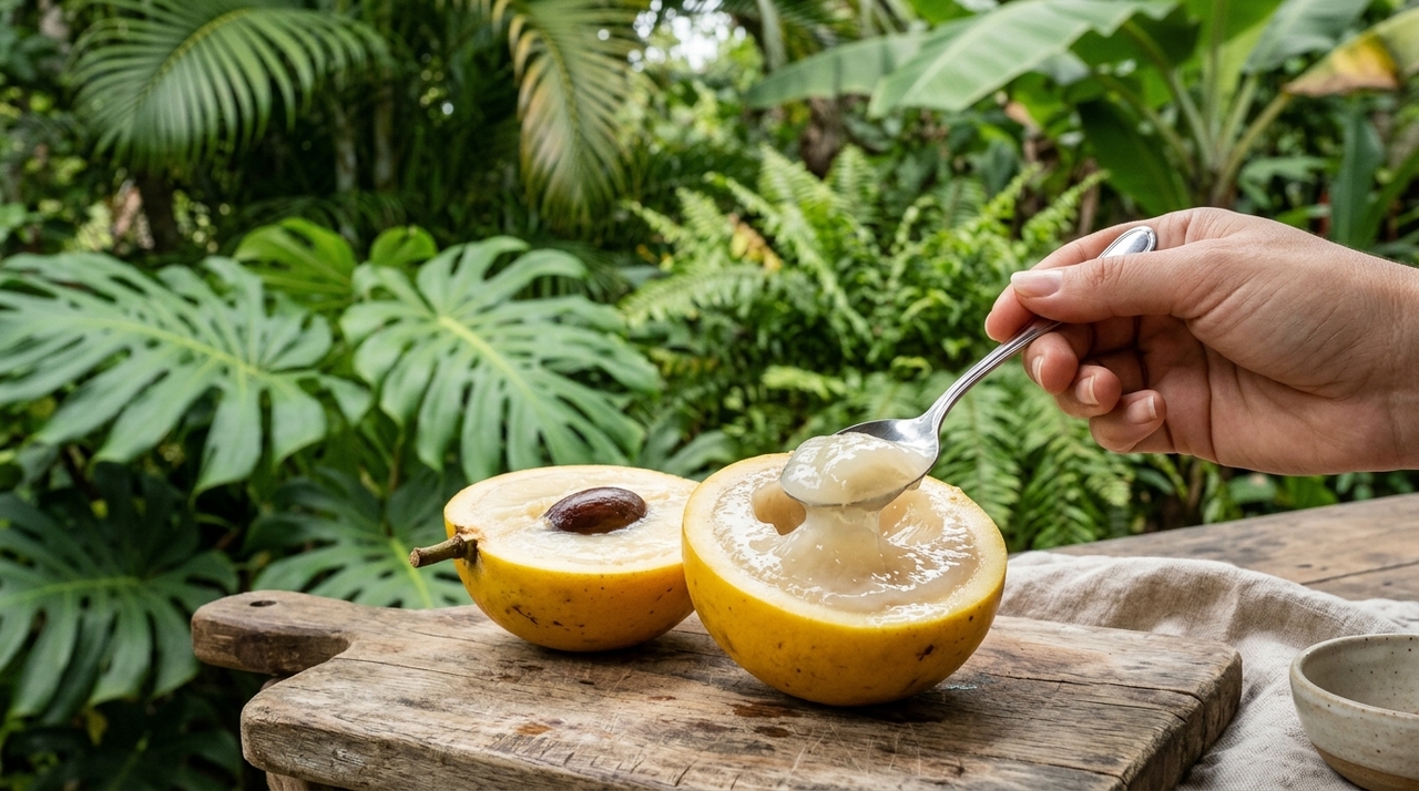 O abiu pronto para o consumo apresenta casca predominantemente amarela e cede levemente quando pressionado com cuidado.