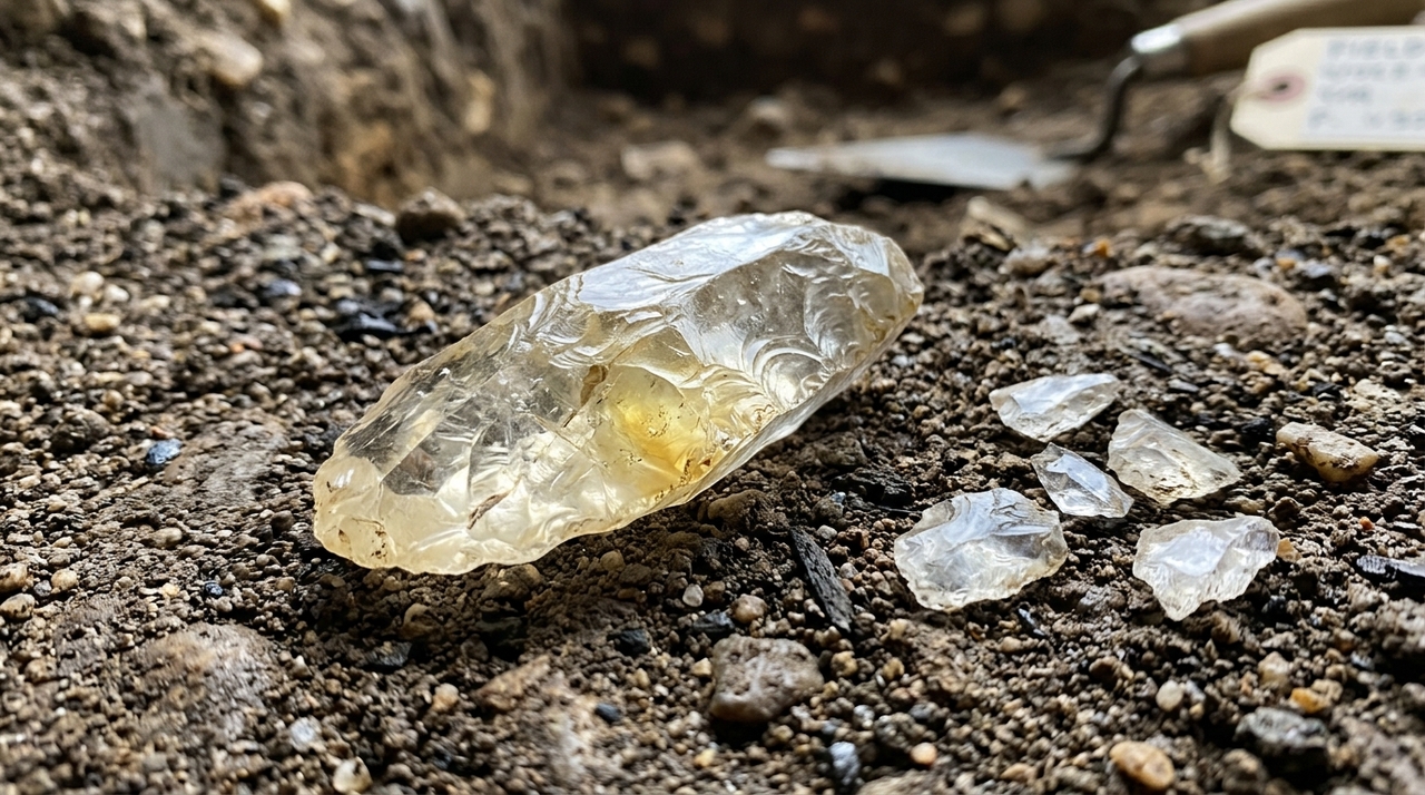 O artefato é uma ferramenta de pedra feita de quartzo microcristalino, material também conhecido como cristal de rocha.