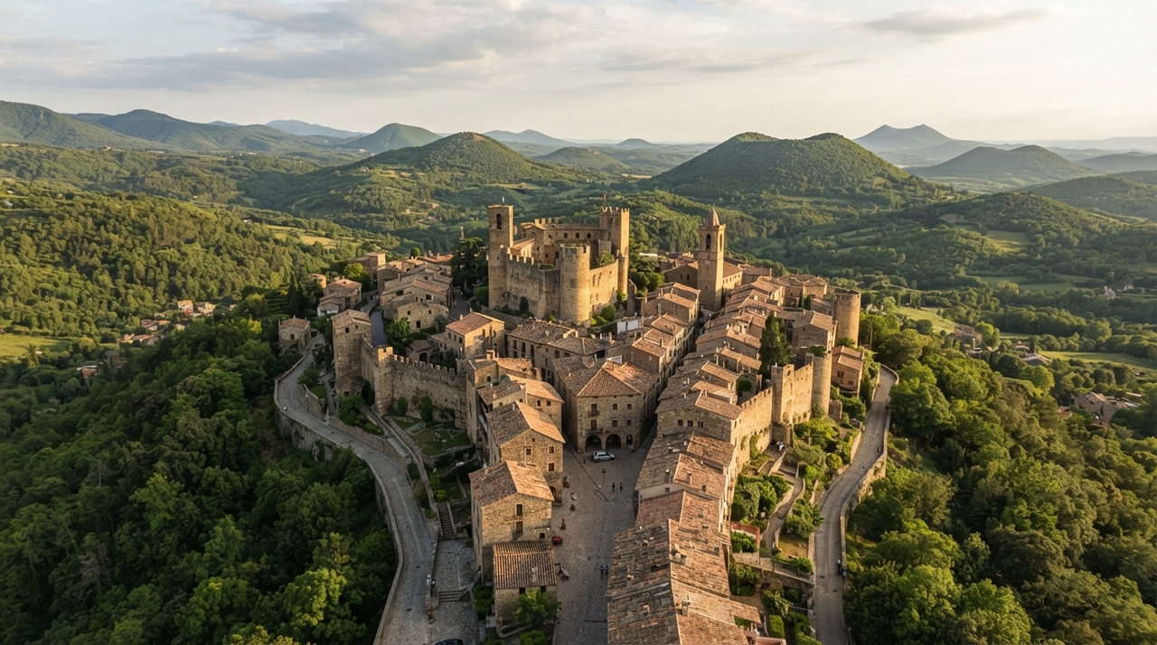 O núcleo antigo de Santa Pau mantém o charme de vila medieval, com ruas estreitas, fachadas de pedra e passagens que convidam a caminhar sem pressa.