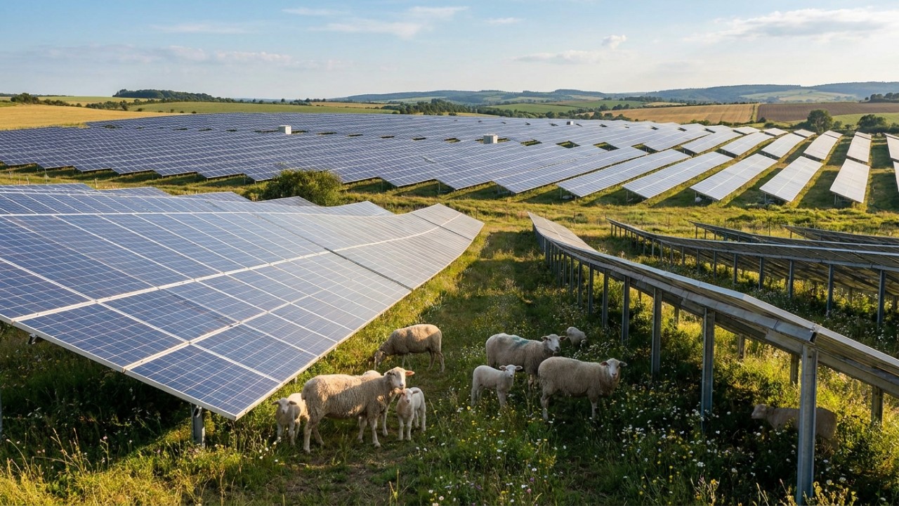 As placas solares fornecem sombra e abrigo seguro para o rebanho enquanto os animais fertilizam naturalmente o solo.