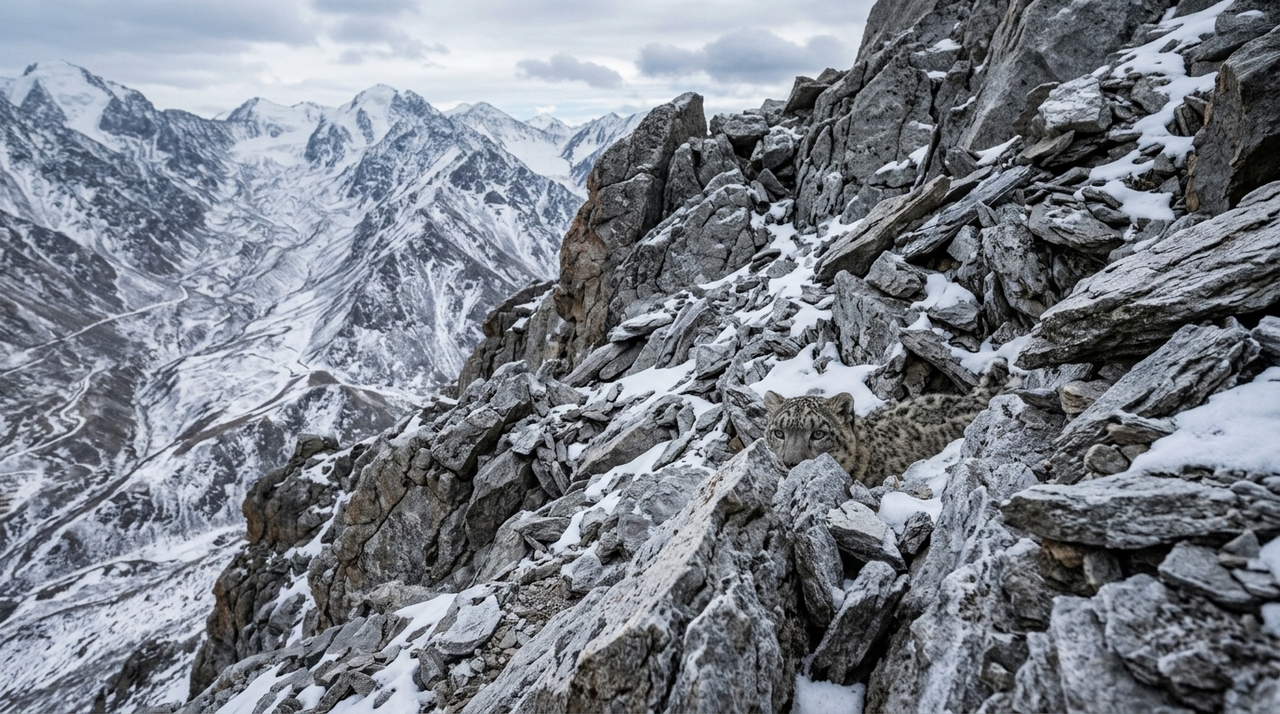 A pelagem clara, marcada por manchas e rosetas escuras, combina com os tons de pedras, sombras e neve encontrados em seu ambiente.