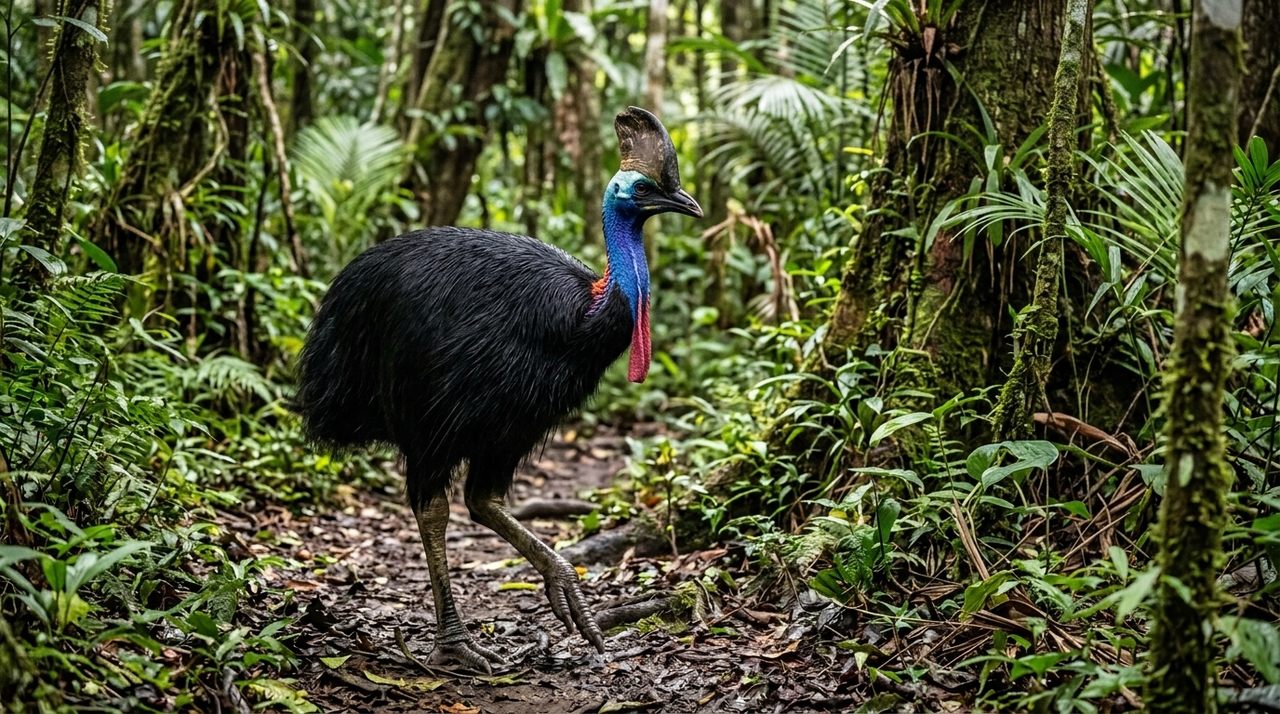 A ave é o casuar, nome dado a três espécies encontradas principalmente nas florestas tropicais da Nova Guiné e em áreas próximas