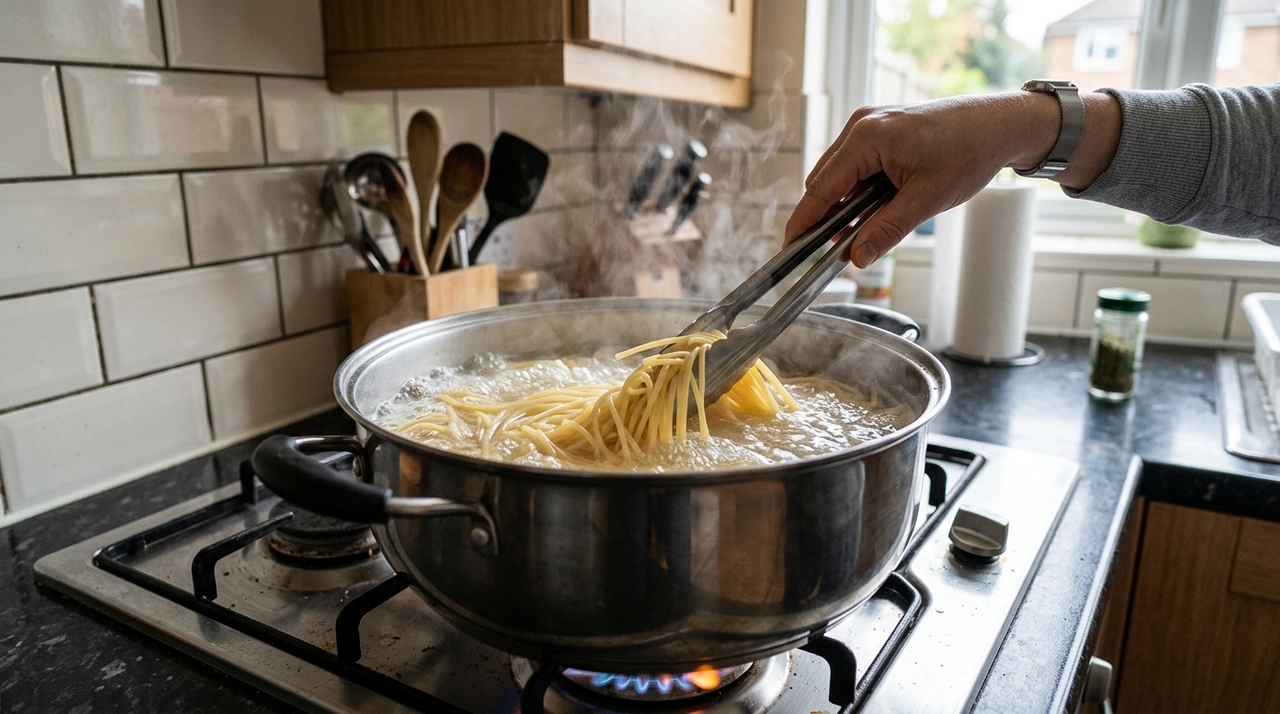 Assim que o macarrão entra na panela, sua superfície começa a hidratar e liberar amido