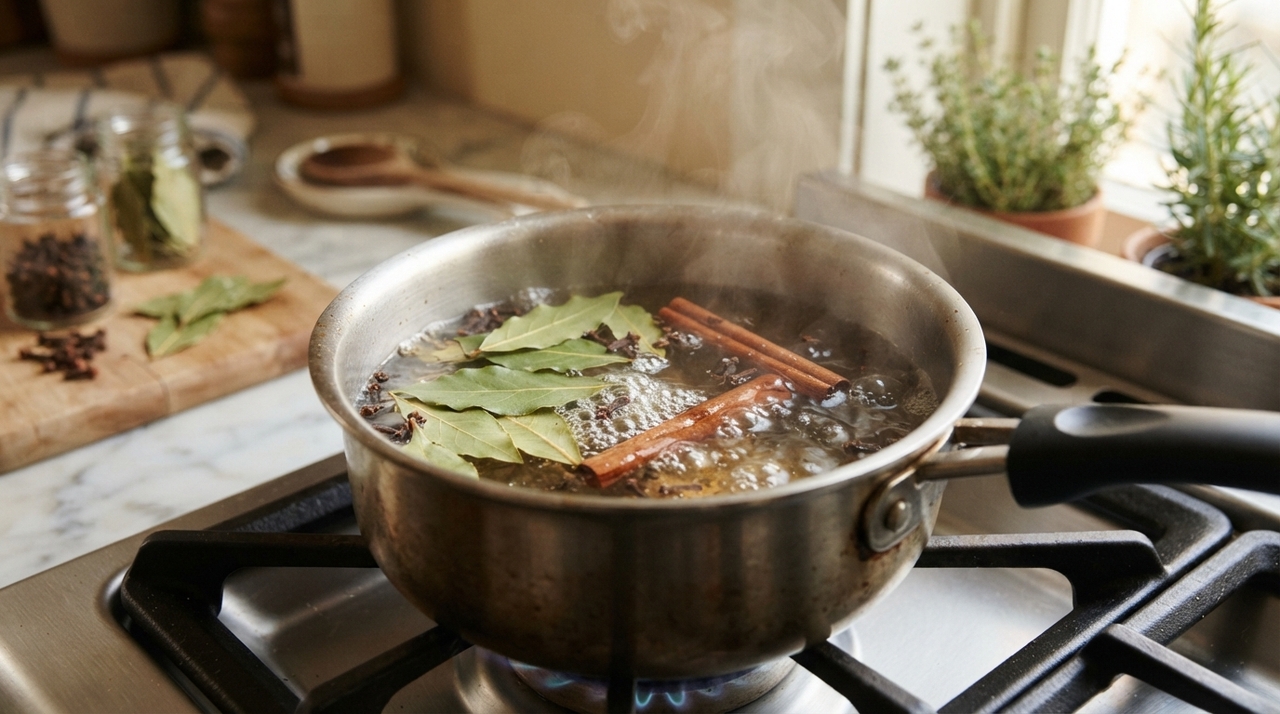 Coloque água em uma panela e acrescente algumas folhas de louro, um ou dois pedaços de canela em pau e alguns cravos