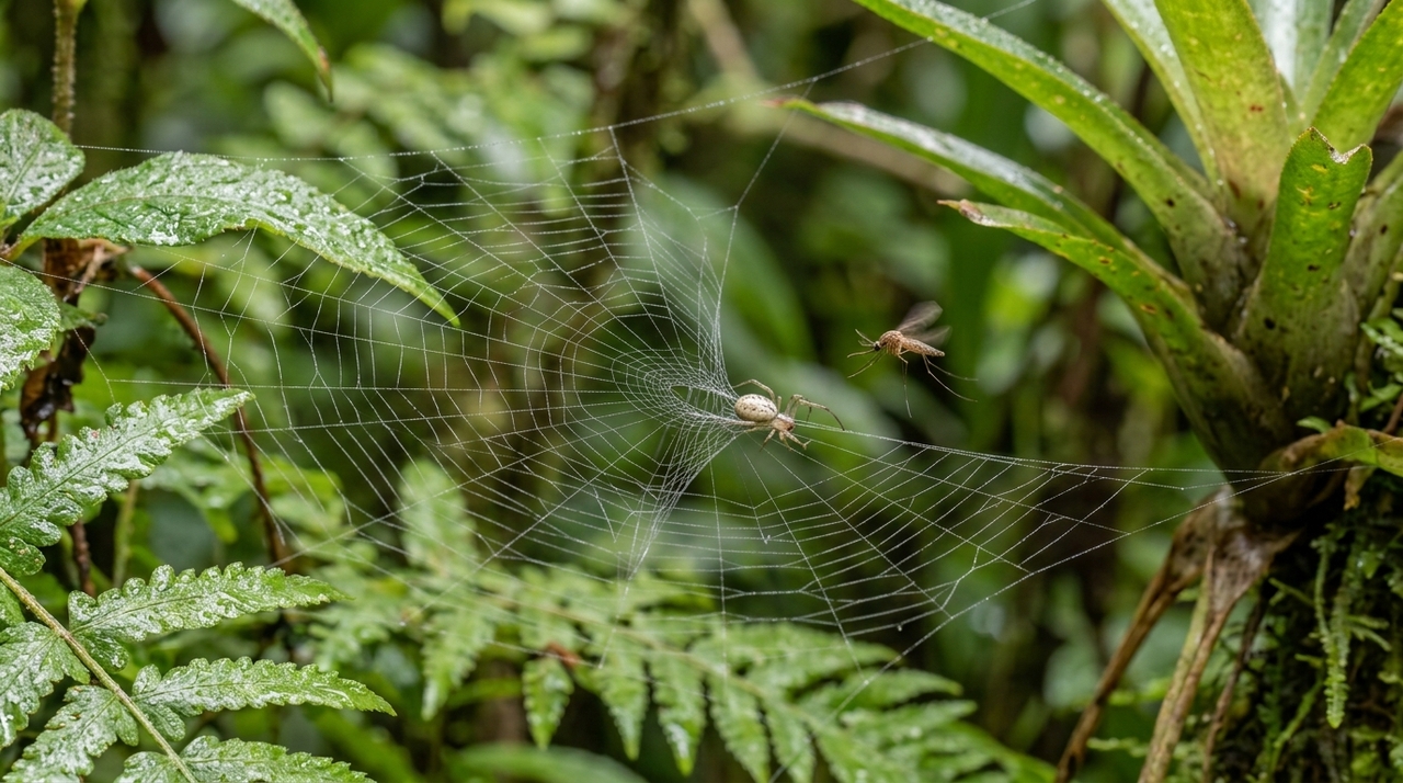 Essas aranhas pertencem à família Theridiosomatidae e constroem teias circulares que podem ser deformadas.
