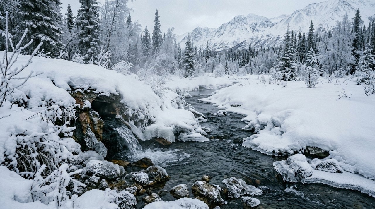 As temperaturas do inverno alcançam níveis extremos na paisagem polar, congelando rios e lagos inteiros rapidamente