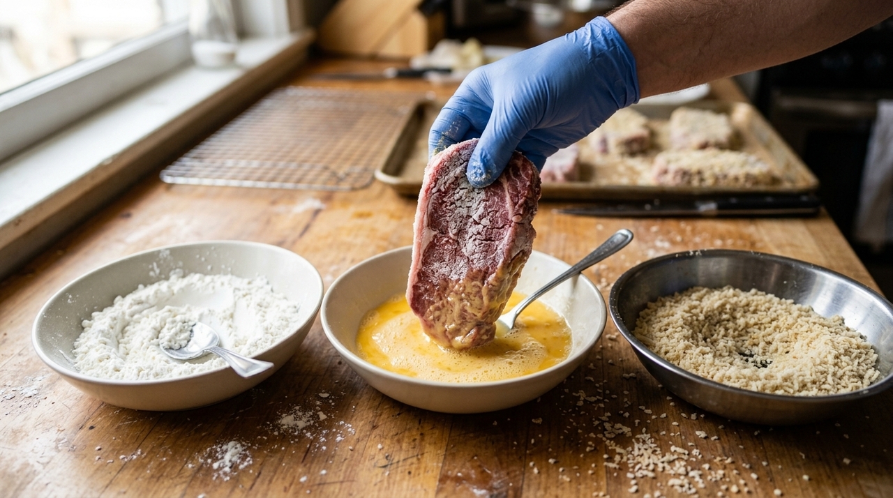 O processo começa cobrindo os dois lados da carne com amido de milho e sacudindo delicadamente para eliminar o excesso.