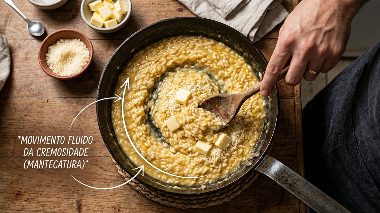 A cremosidade autêntica do risoto italiano é alcançada através da técnica correta e não pelo uso de creme de leite.