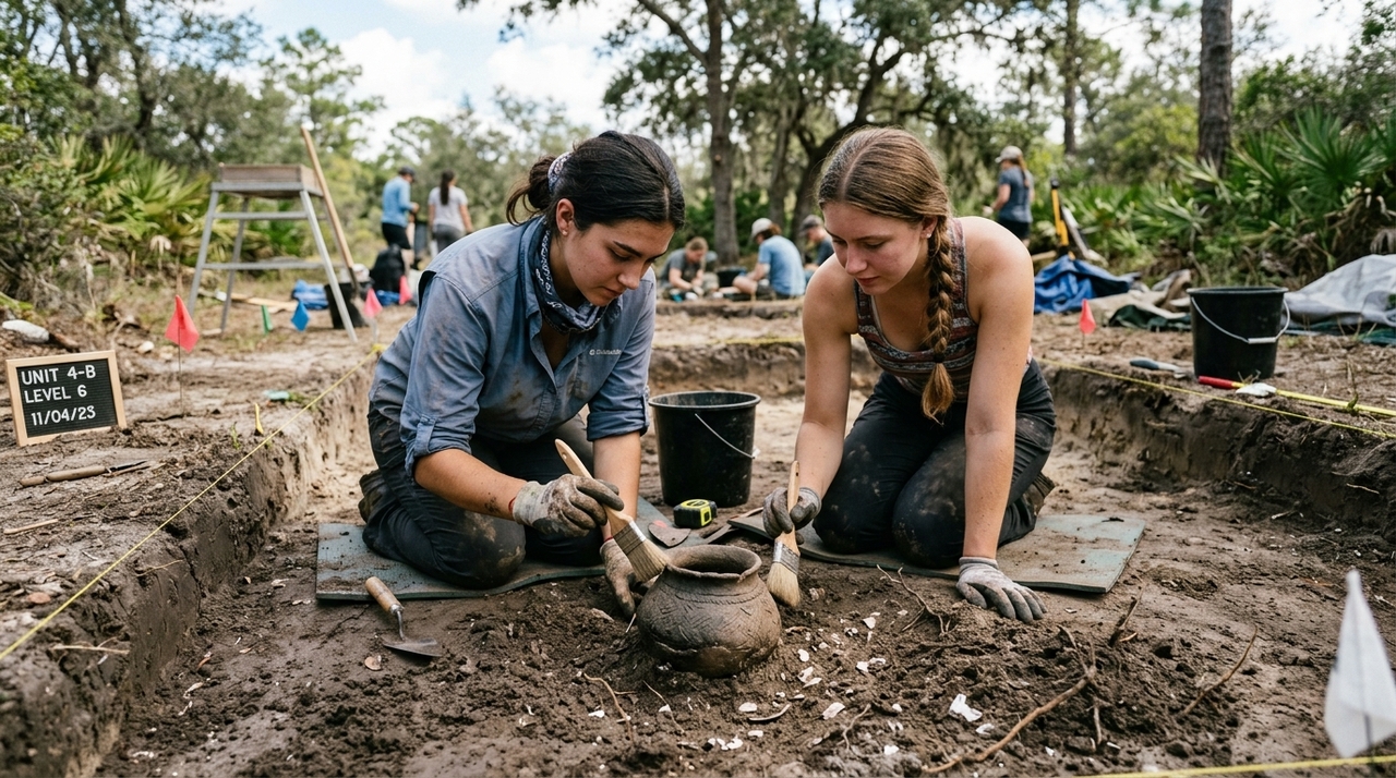 A descoberta ocorreu durante uma disciplina prática de arqueologia no antigo local da missão San Francisco de Potano, no noroeste de Gainesville.