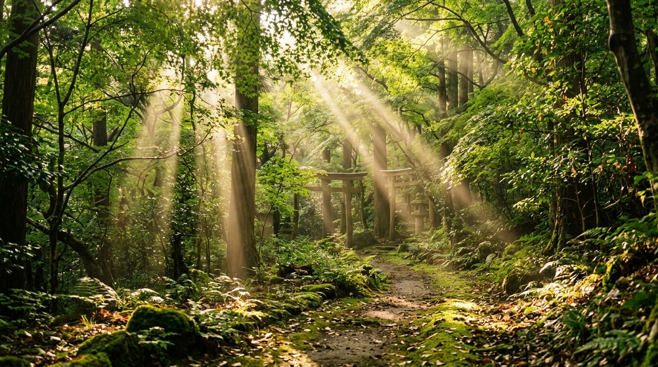 Komorebi descreve a luz solar que atravessa os espaços entre folhas e galhos, formando pontos e faixas luminosas sobre o chão.