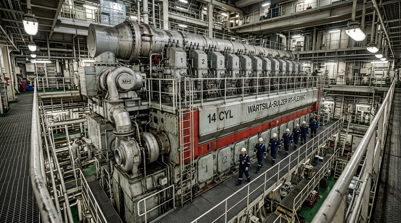 Desenvolvido para grandes navios porta-contêineres, o RT-flex96C possui aproximadamente 13,5 metros de altura e mais de 26 metros de comprimento.