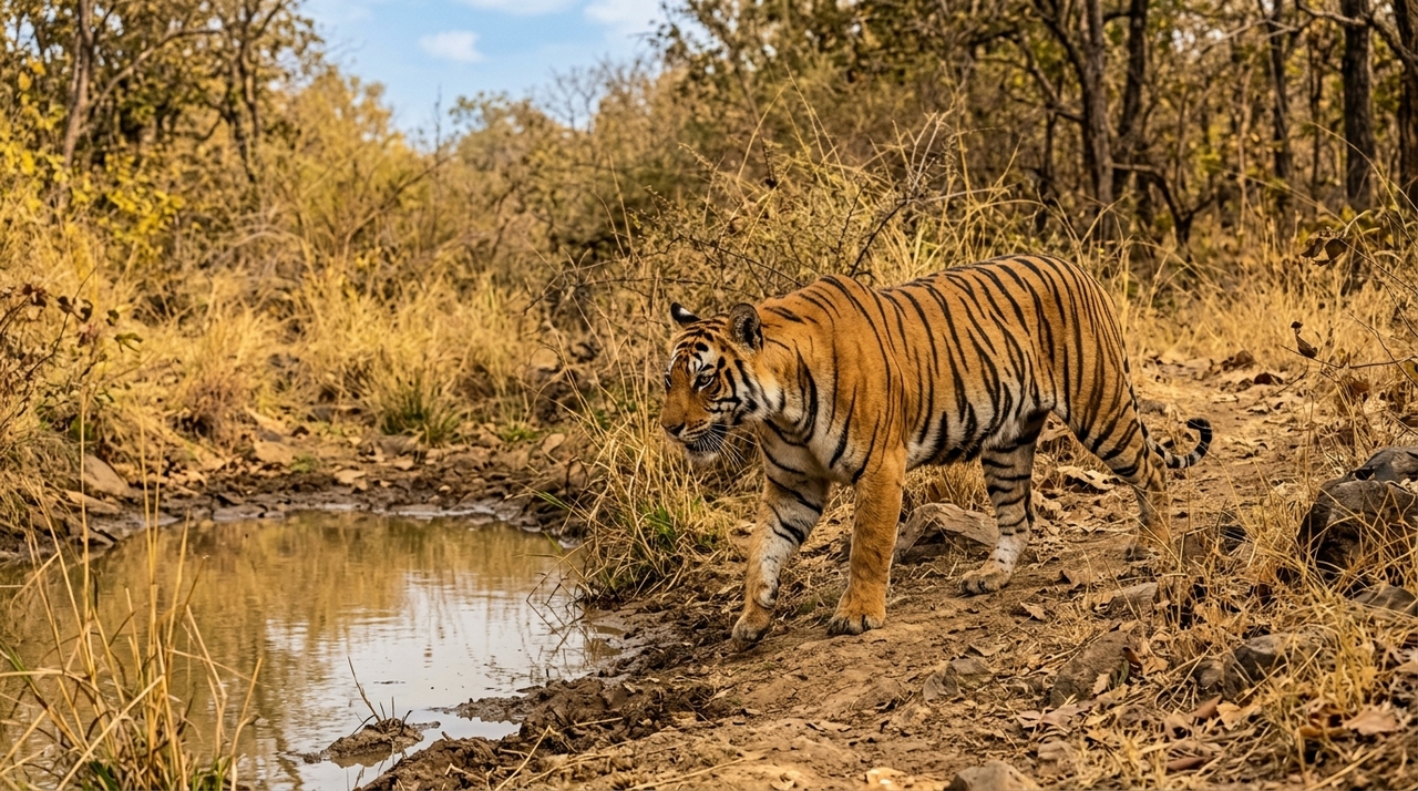 O imponente tigre-de-bengala reina supremo nas densas vegetações tropicais ao controlar pontos vitais como poços de água escassos.