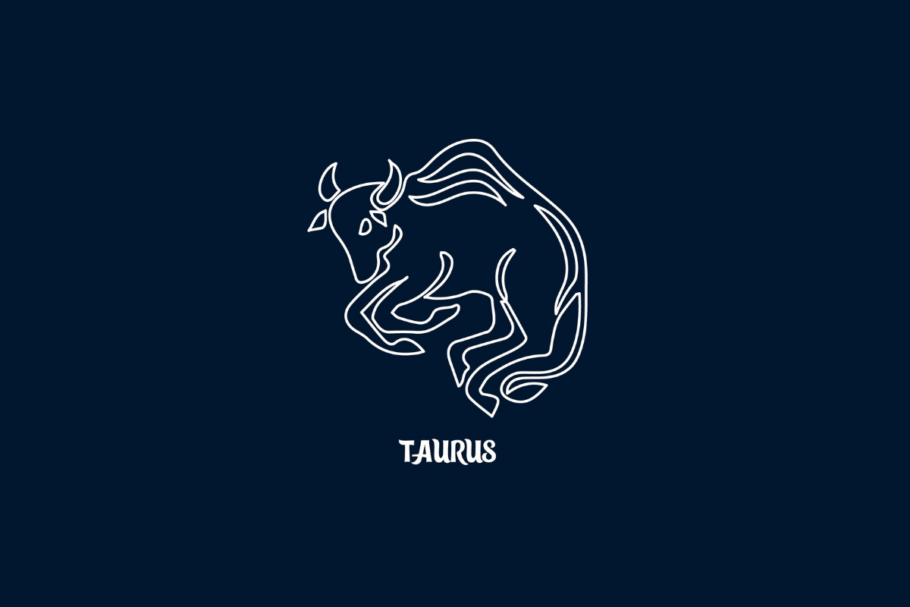 Uma ilustração branca de linha única do signo de Touro em um fundo azul escuro, com o texto "TAURUS" abaixo.