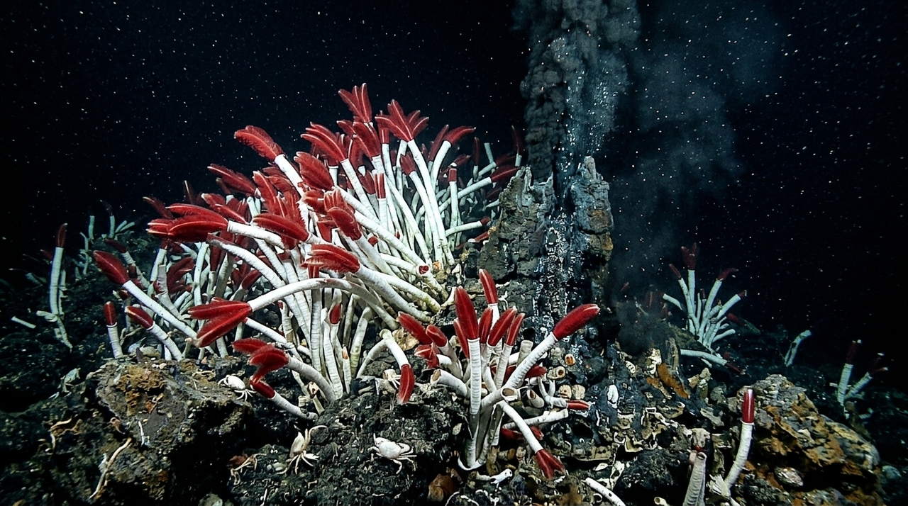 A Riftia pachyptila habita fontes hidrotermais do fundo do oceano Pacífico, ambientes formados em regiões de intensa atividade geológica