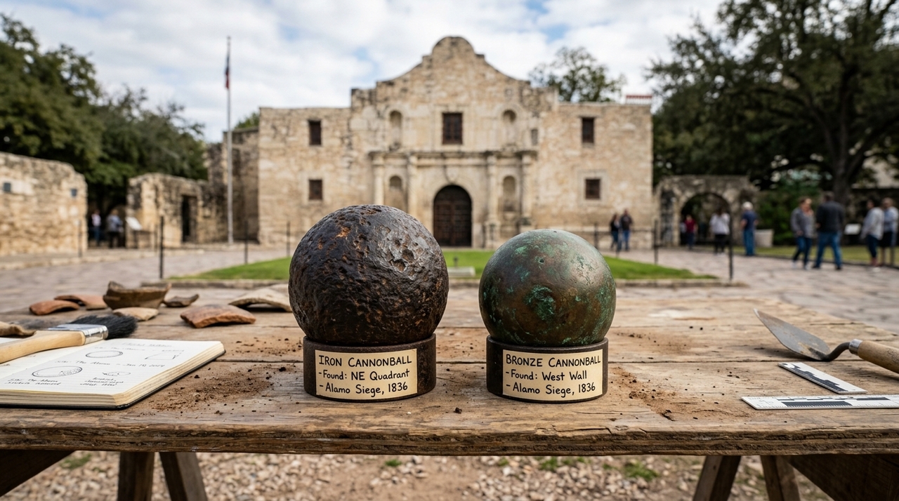 Arqueólogos localizaram a bala de canhão de ferro em 2 de junho de 2026, no canto nordeste da igreja do Álamo, em San Antonio