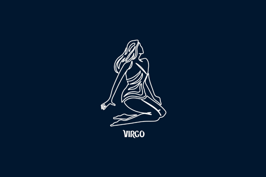 Uma ilustração branca de linha única do signo de Virgem em um fundo azul escuro, com o texto "VIRGO" abaixo.