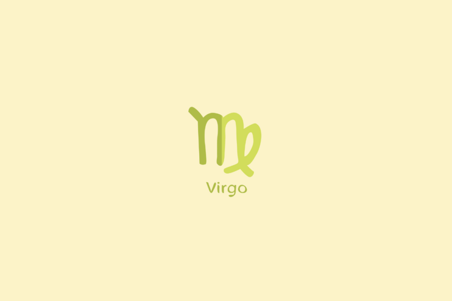 Ilustração do signo de virgem em verde-claro e escuro centralizado sobre fundo amarelo
