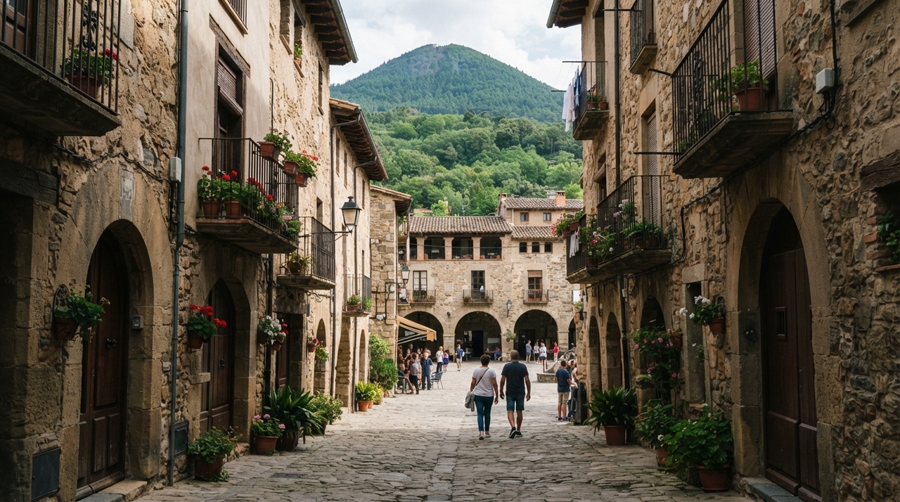 O núcleo antigo de Santa Pau mantém o charme de vila medieval, com ruas estreitas, fachadas de pedra e passagens que convidam a caminhar sem pressa.