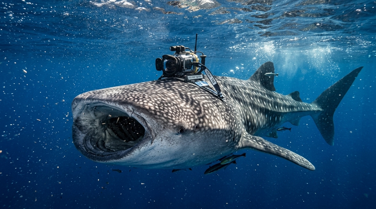 No estudo publicado na revista Marine Biology, pesquisadores instalaram câmeras de rastreamento em tubarões-baleia no Recife de Ningaloo, na Austrália Ocidental.