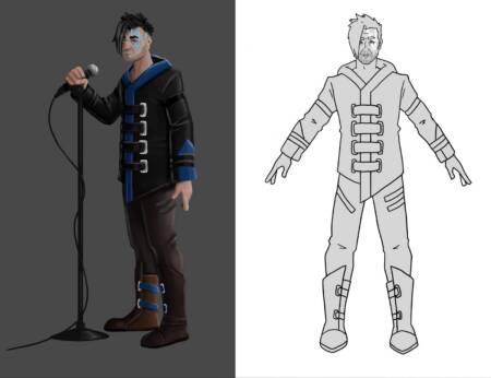 Personagem apresentado em versão 3D ao lado de seu desenho conceitual.