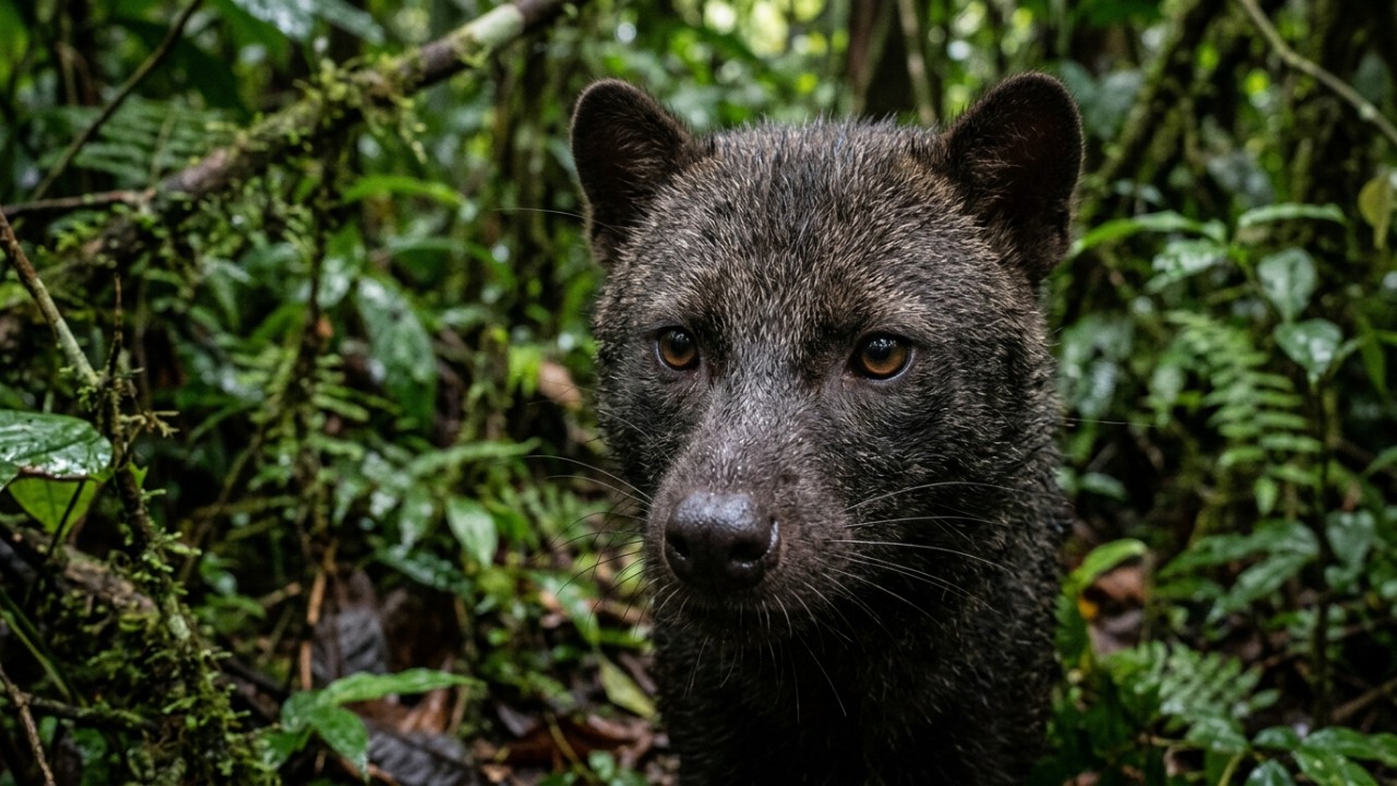 Câmeras automáticas registram os passos silenciosos do raro cão-de-orelhas-curtas na densa floresta amazônica.