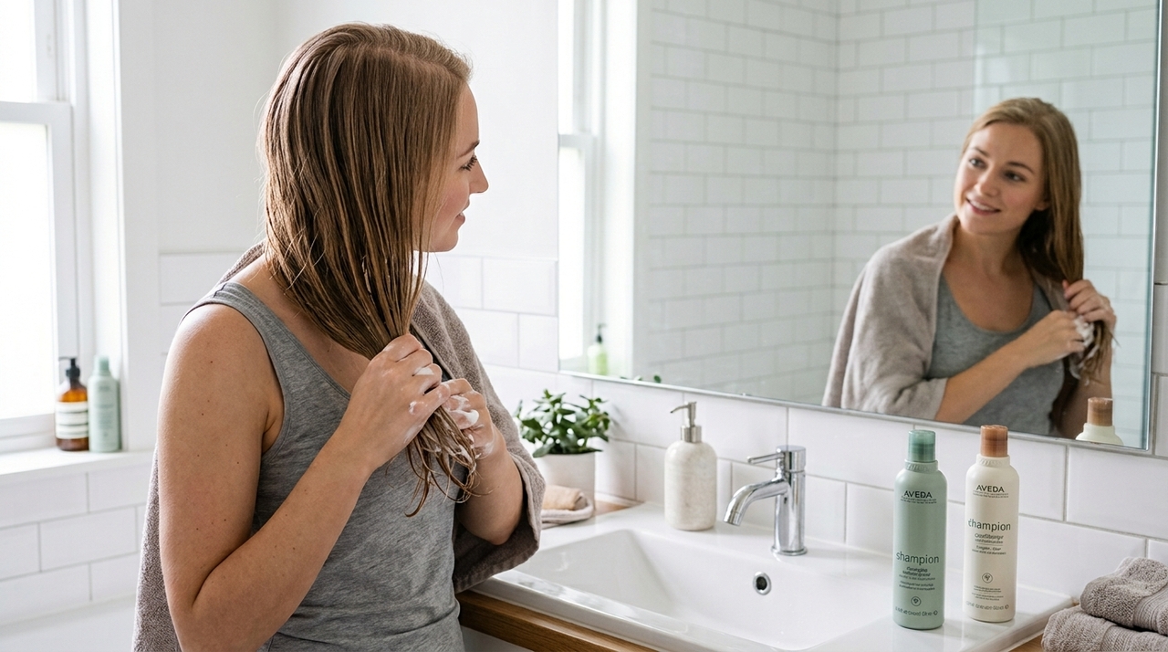 Depois de aplicar o condicionador, algumas pessoas enxáguam parcialmente antes do shampoo, enquanto outras deixam uma pequena quantidade no comprimento