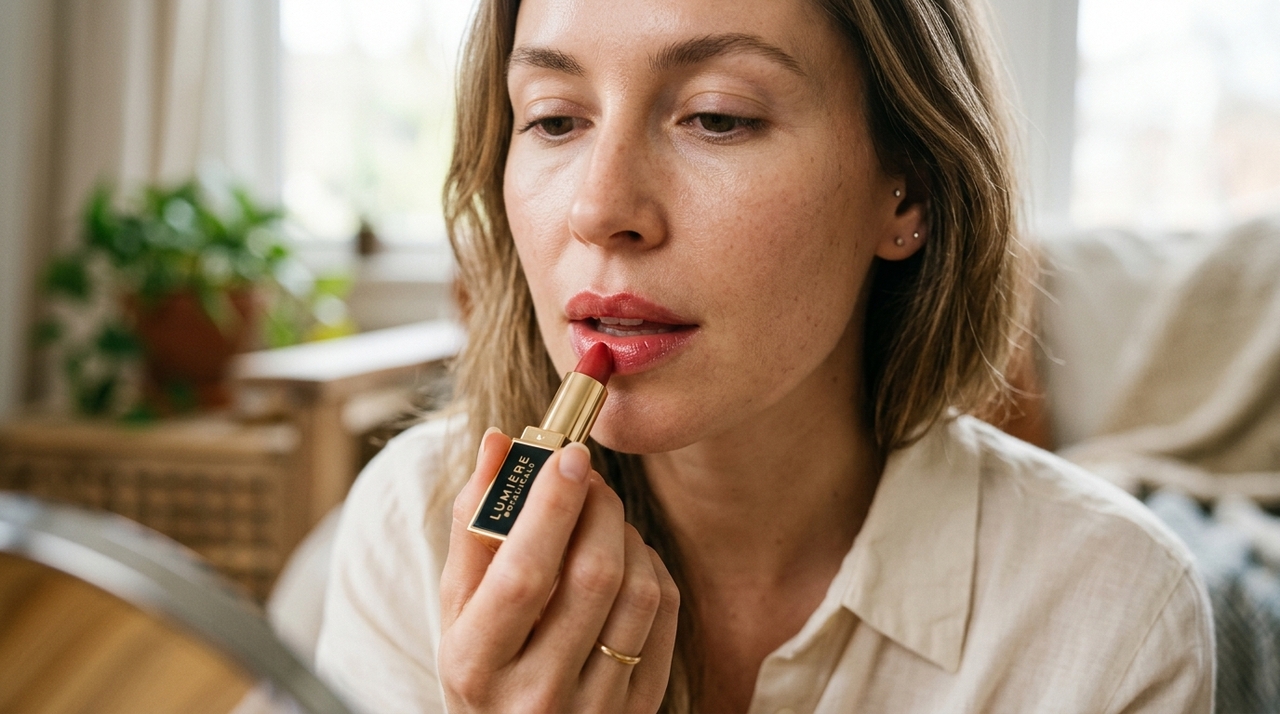 Coloque uma pequena quantidade de balm labial no dorso da mão e acrescente um toque do batom escolhido