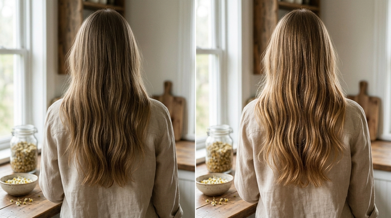 É importante ajustar a expectativa: a camomila não remove pigmentos do cabelo da mesma forma que água oxigenada ou produtos descolorantes