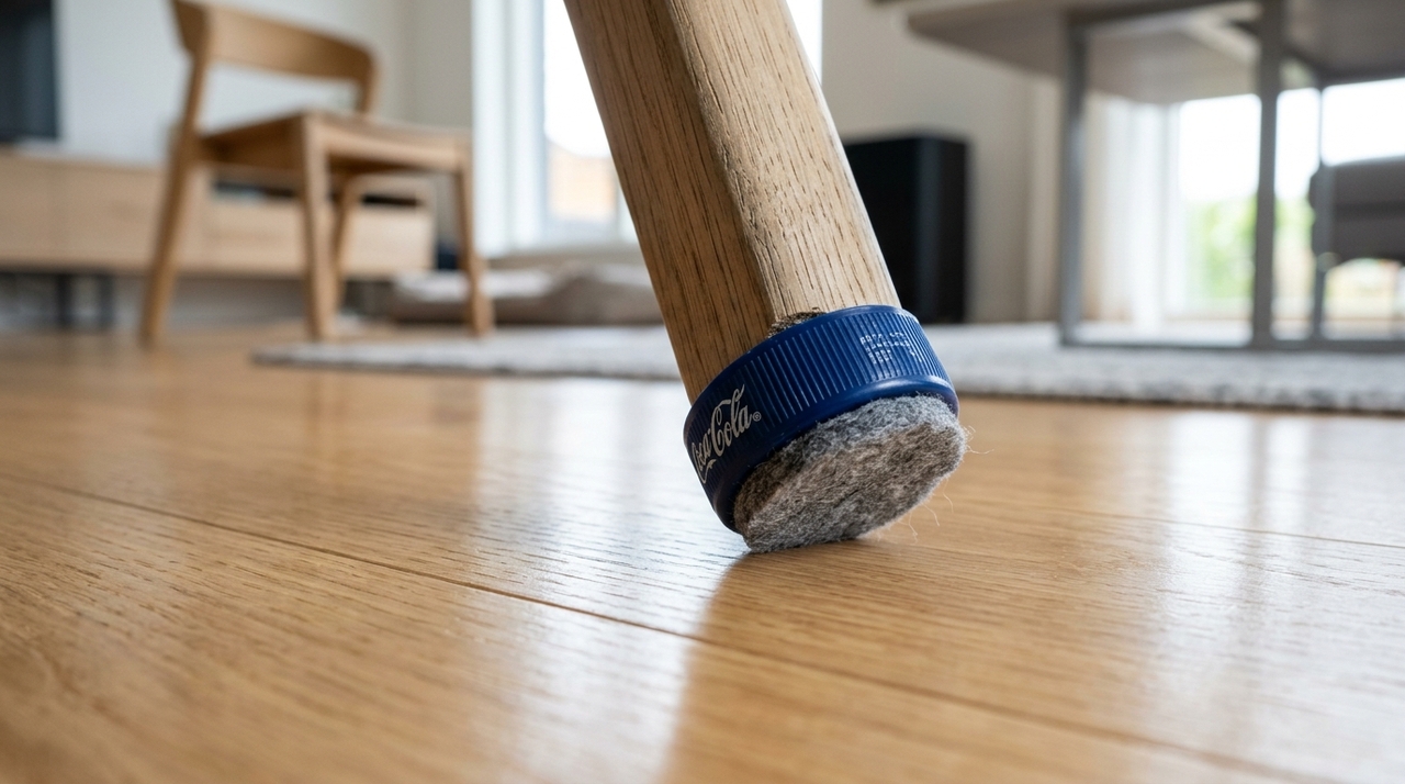 O uso de protetor para pés de cadeira feito com tampinha de garrafa cria uma superfície de contato entre o móvel e o chão, diminuindo a fricção.