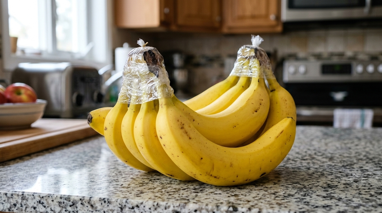 O etileno é um hormônio vegetal gasoso produzido pelas próprias bananas.