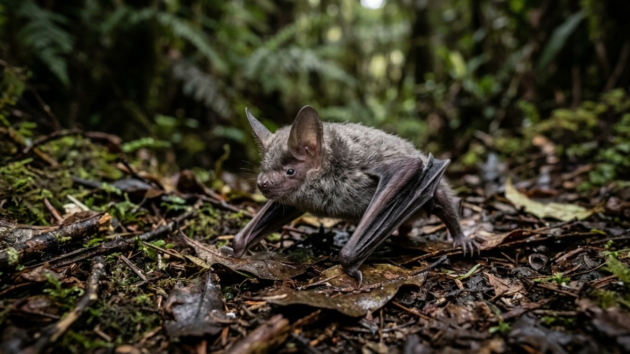 Morcego da Nova Zelândia usa as asas dobradas para caminhar pela floresta.