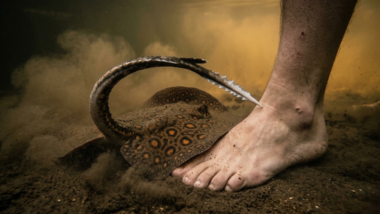 Arraias de água doce usam ferrão serrilhado quando são pisadas ou ameaçadas.