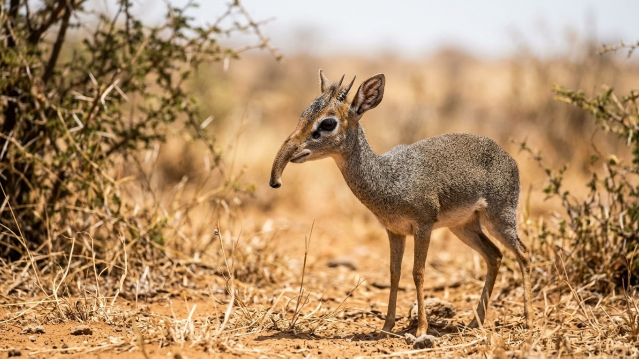 O pequeno dik-dik usa o focinho para aliviar o calor africano.