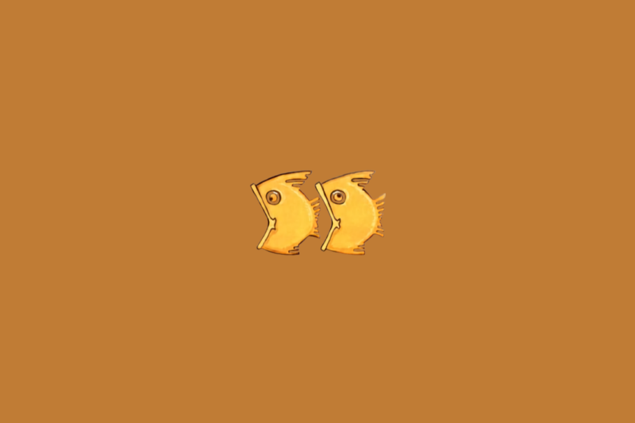 Símbolo do signo de Peixes representado por dois peixes dourados lado a lado, voltados para direções opostas, sobre um fundo marrom-alaranjado.