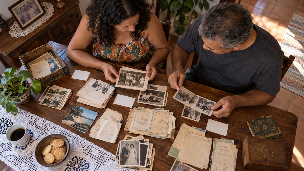 Recibos, cartões e fotografias reconstruíram mudanças importantes na história da família.