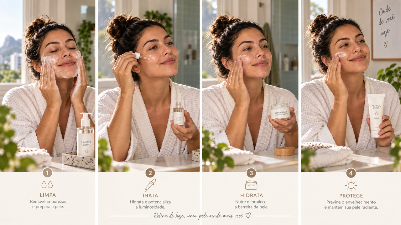 Menos produtos podem facilitar constância e reduzir irritações desnecessárias na pele.