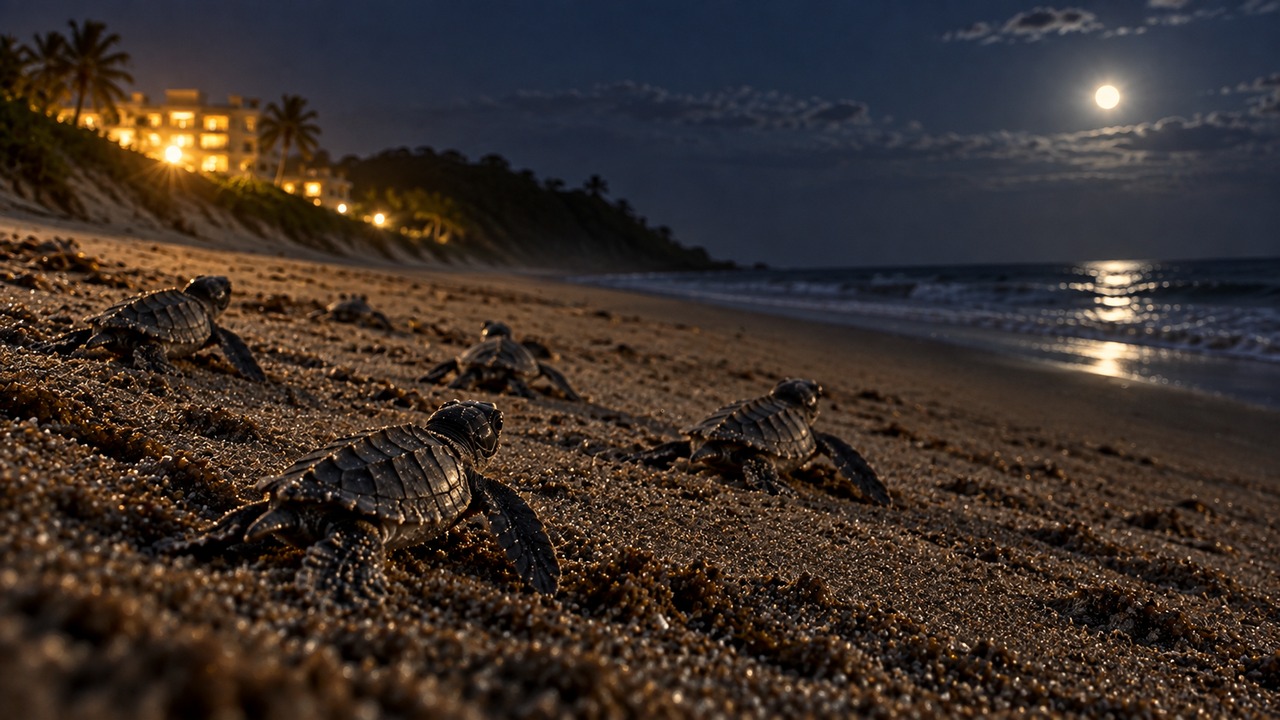 Uma praia escura ajuda os filhotes a encontrar o mar.