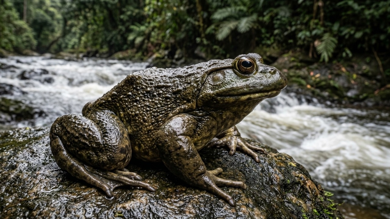 Rã-golias prepara piscinas para ovos e girinos movendo pedras pesadas.