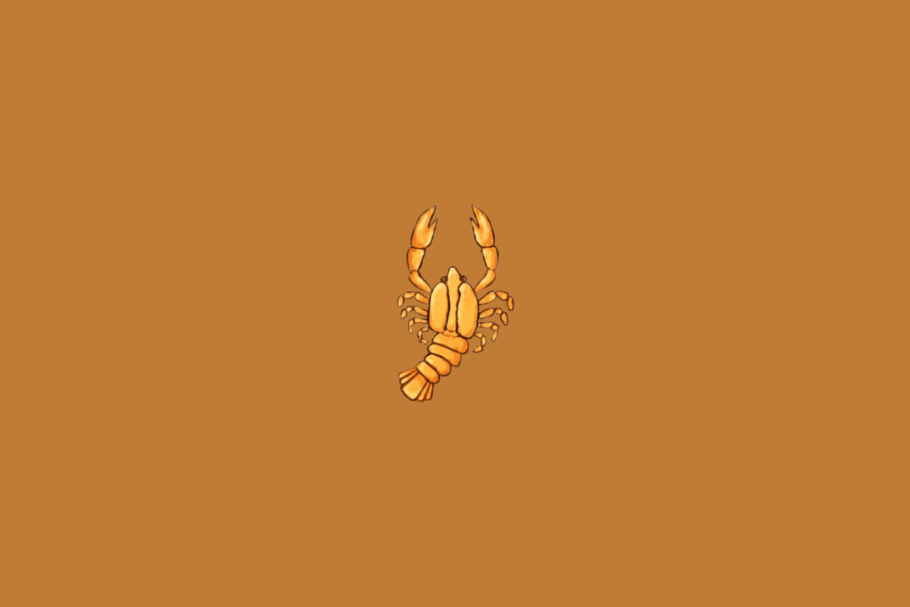 Símbolo do signo de Câncer representado por um crustáceo em tons de amarelo e laranja, com duas grandes pinças levantadas, várias patas laterais e a cauda voltada para baixo, centralizado sobre um fundo marrom-alaranjado.