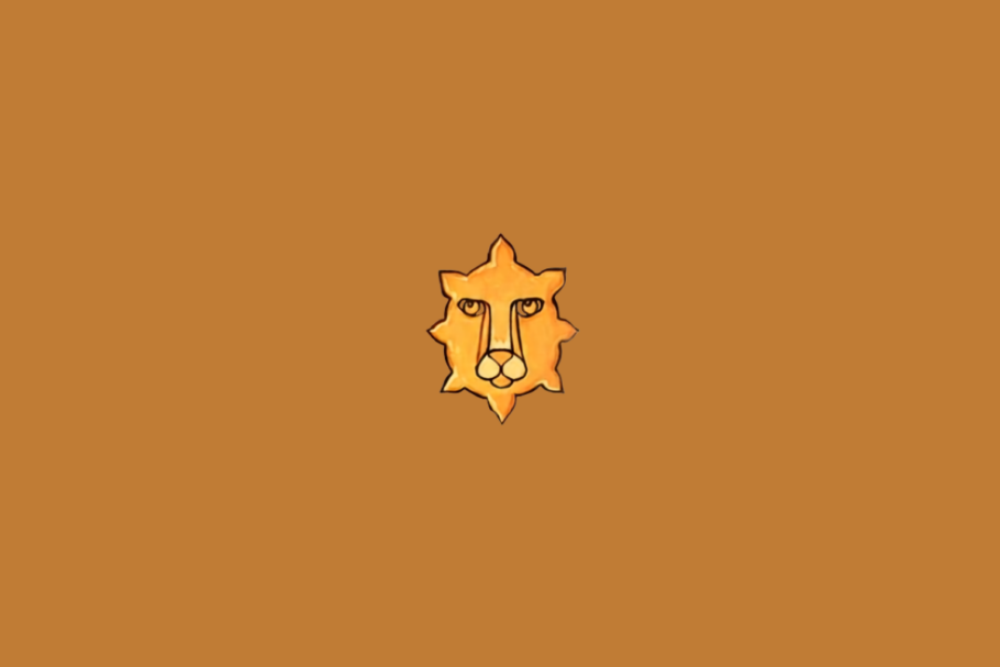 Símbolo do signo de Leão representado pela cabeça de um leão em tons de amarelo e laranja, centralizada sobre um fundo marrom-alaranjado.