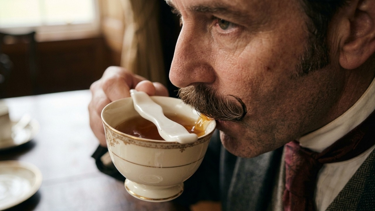 Xícaras vitorianas protegiam bigodes encerados do chá e do café.