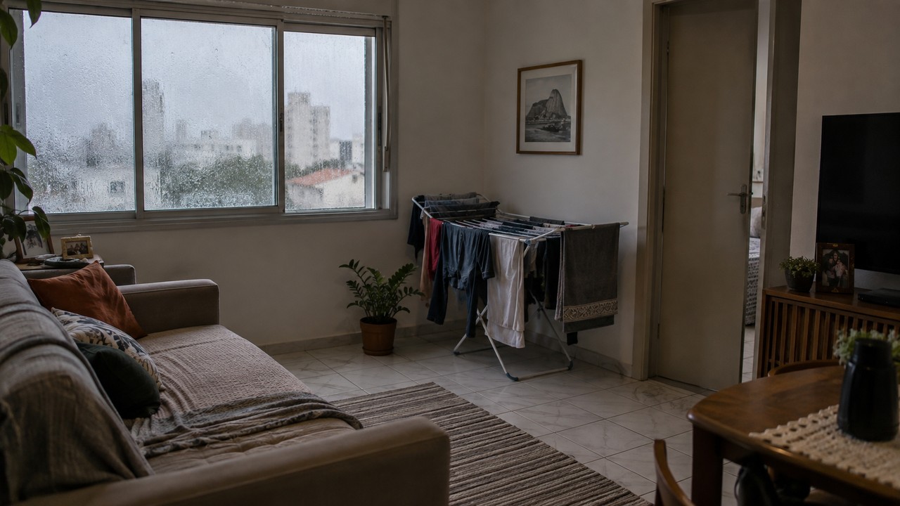 Condensação, roupas secando dentro e móveis encostados favoreciam o problema.