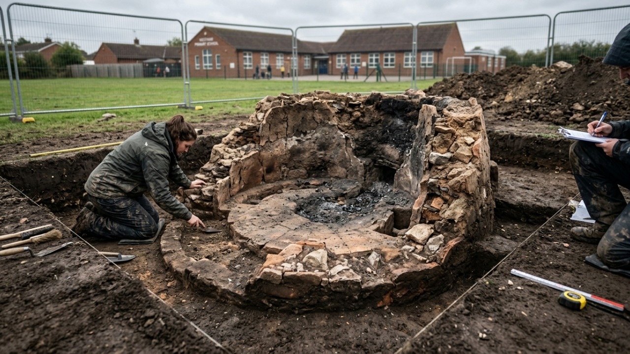 Uma escola inglesa escondia um forno medieval e milhares de fragmentos cerâmicos.