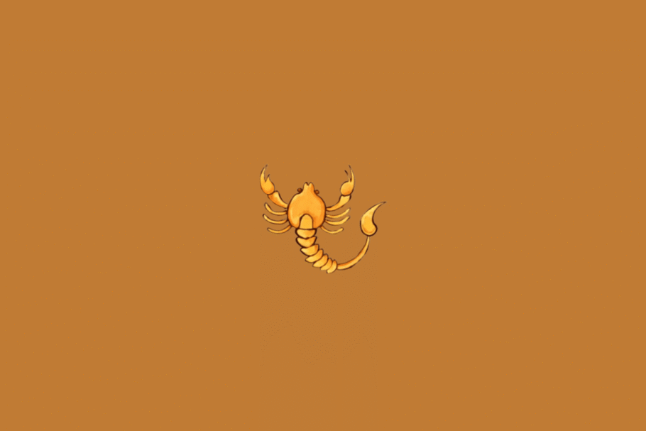 Símbolo do signo de Escorpião representado por um escorpião em tons de amarelo e laranja, com as pinças levantadas e a cauda curvada, centralizado sobre um fundo marrom-alaranjado.