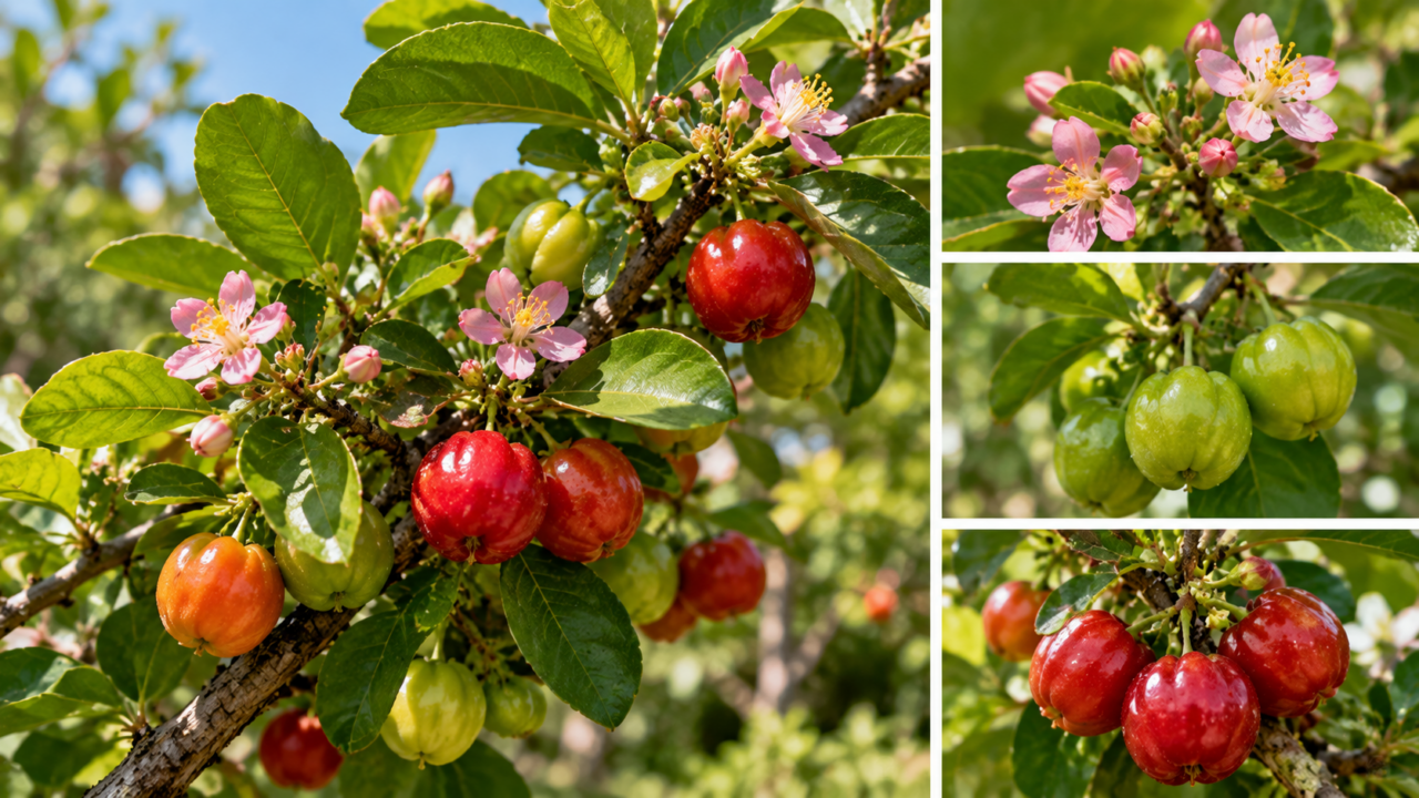 A aceroleira pode florescer várias vezes durante o ano. Entenda como ocorre a sucessão entre botões, flores, frutos verdes e acerolas maduras na mesma planta.