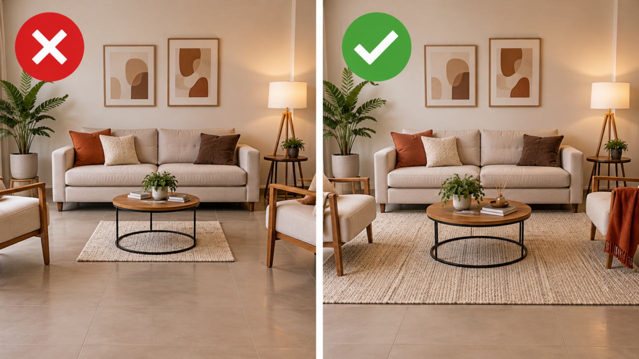 A posição do tapete pode mudar a percepção de tamanho da sala. Veja como alinhar com sofá e móveis para equilibrar as proporções do ambiente.