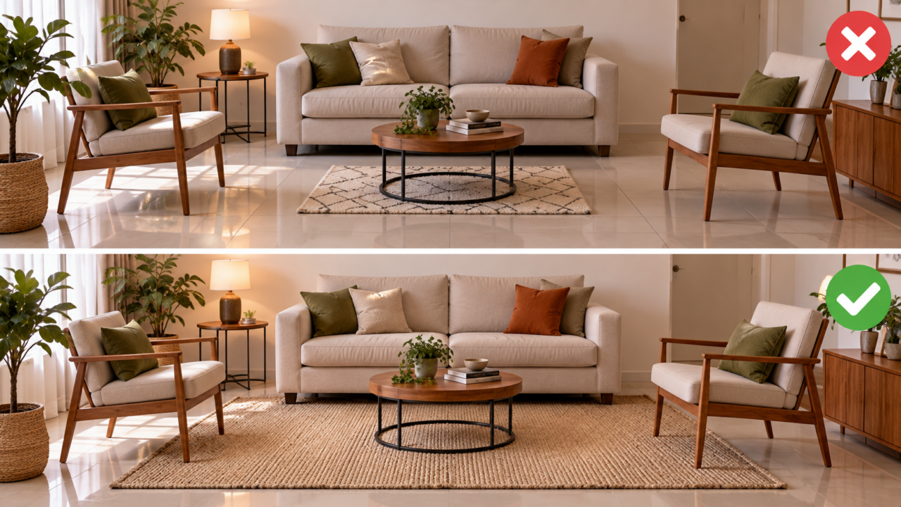 Onde colocar o tapete na sala? Veja como alinhar a peça com sofá, poltronas e mesa de centro para integrar os móveis e deixar o ambiente mais harmonioso.