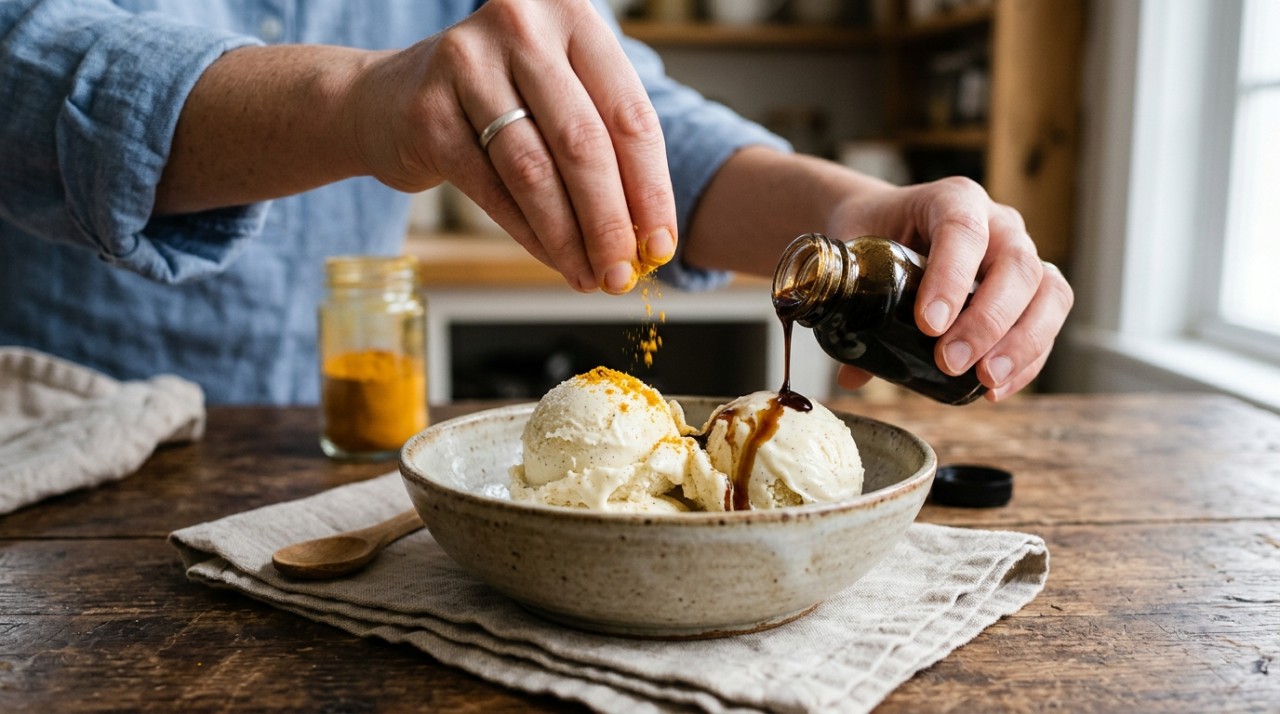 A baunilha tem notas doces, florais e aromáticas, enquanto a cúrcuma acrescenta uma camada mais quente e terrosa.
